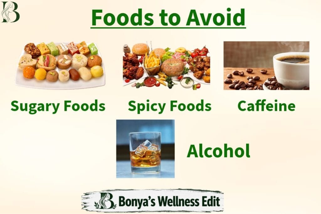 List of Foods to Avoid before bed for better sleep. Sugary foods, spicy foods, caffeine and alcohol is one of them.